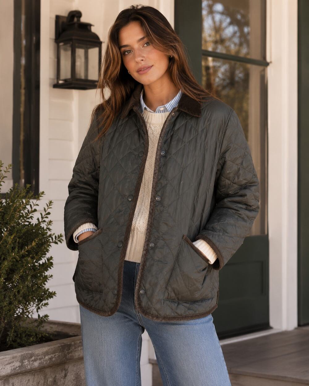 Vintage GAP Chore Jacket Womens Small Quilted Green Brown Corduroy Collar Preppy